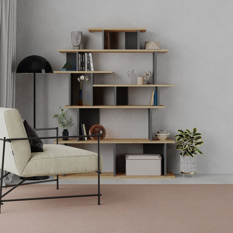 Libreria moderna asimmetrica alta in legno bicolore cm 120x29x149h - vari colori