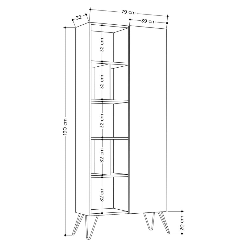 Libreria scaffale design con anta 7 vani a giorno in legno cm 79x32x190h - vari colori