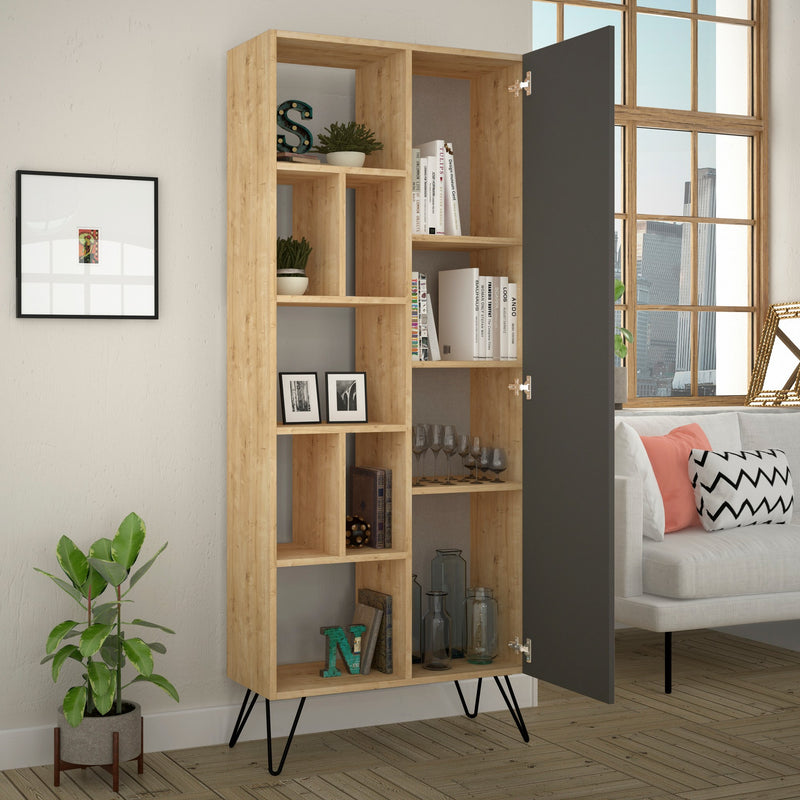Libreria scaffale design con anta 7 vani a giorno in legno cm 79x32x190h - vari colori