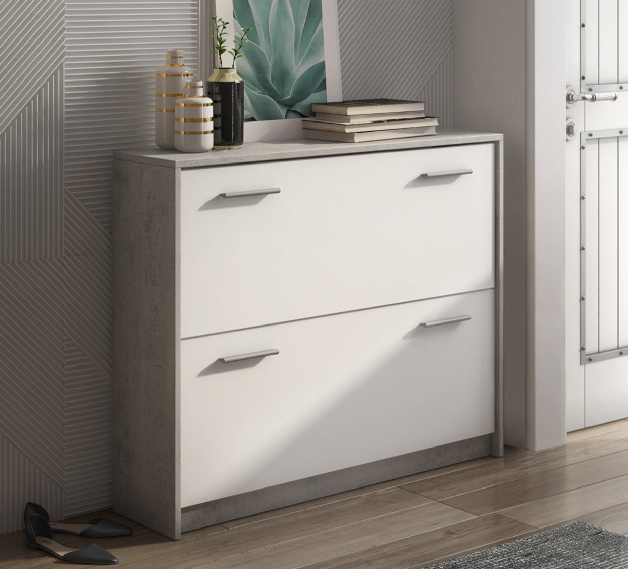 Armadio Scarpiera Miroytengo Pluto 2 Ante - Moderno, Bianco E Cemento, 55x36x103 Cm, Kit Di Montaggio