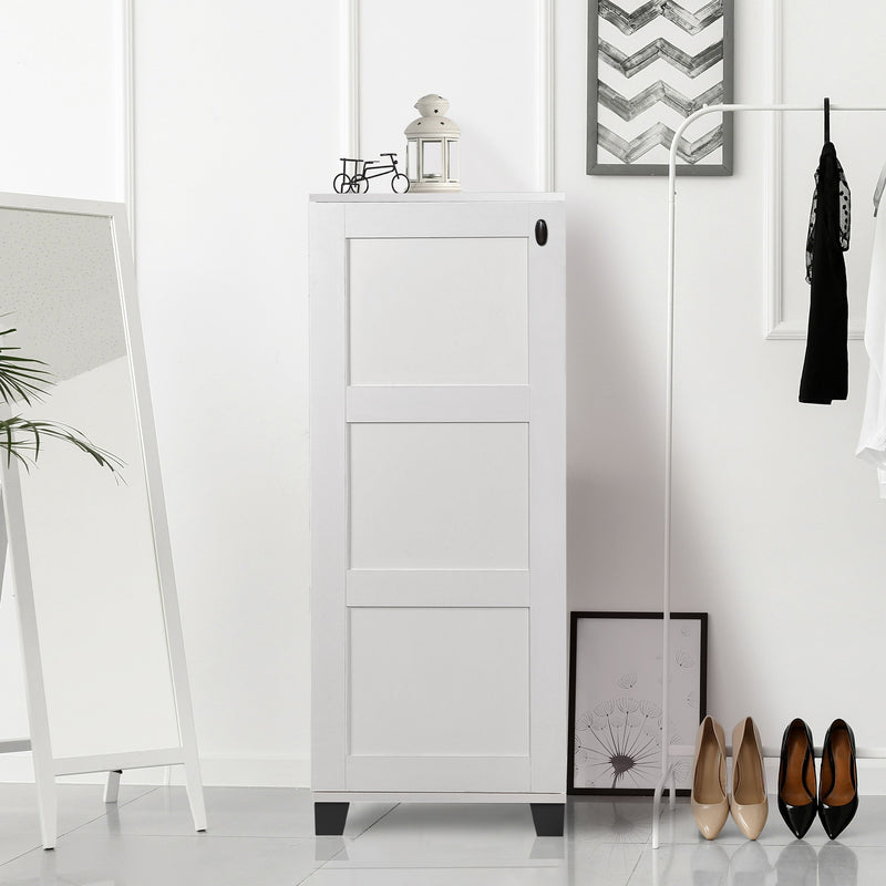 Scarpiera moderna in legno color bianco opaco con gambe in plastica color nero opaco, con anta e 8 vani interni. Dimensioni cm 50x38x127h