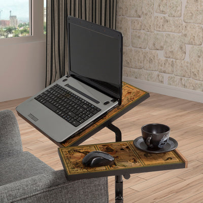 Scrivania ad altezza regolabile da tavolo da divano per pc con tavolini in legno e struttura in metallo con rotelline; disponibile in pino atlantico opaco e nero opaco con stampa, bianco e nero opaco, bianco opaco
