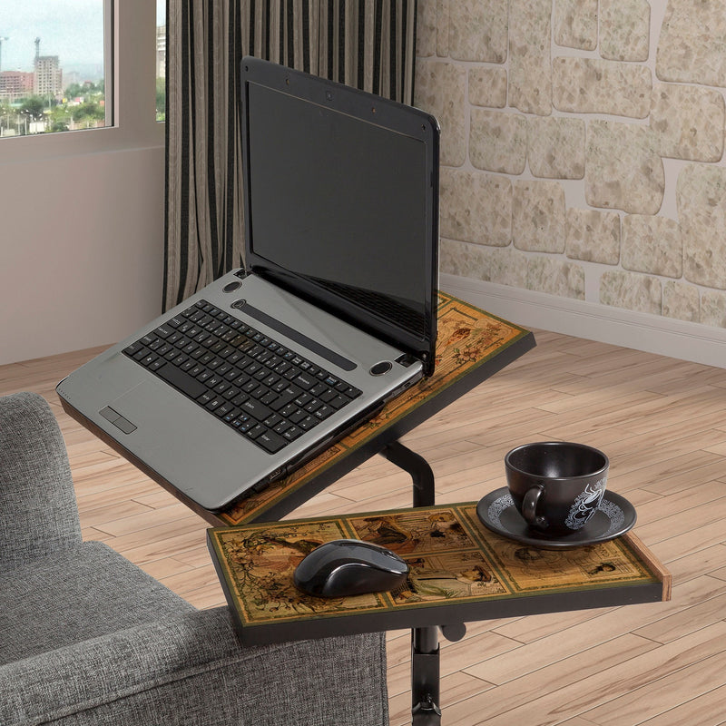 Scrivania ad altezza regolabile da tavolo da divano per pc con tavolini in legno e struttura in metallo con rotelline; disponibile in pino atlantico opaco e nero opaco con stampa, bianco e nero opaco, bianco opaco