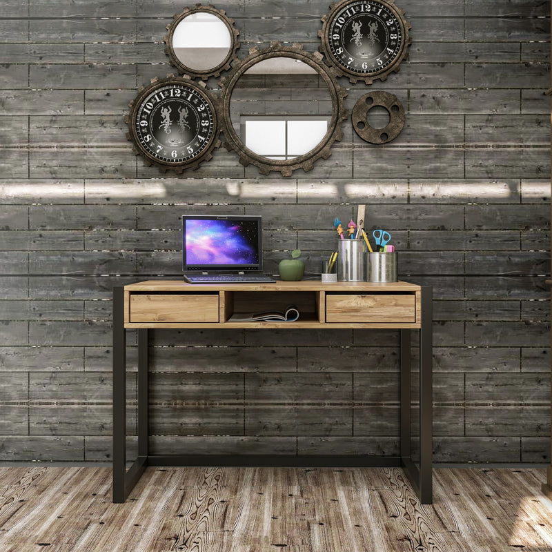 Scrittoio 2 cassetti con vano a giorno industrial legno e metallo ufficio cm 115x55x77h
