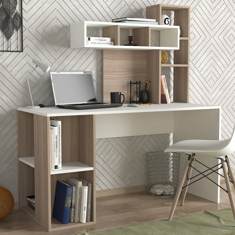 Scrivania da ufficio design moderno con libreria e vani a giorno cm 140x60x154h  -  vari colori