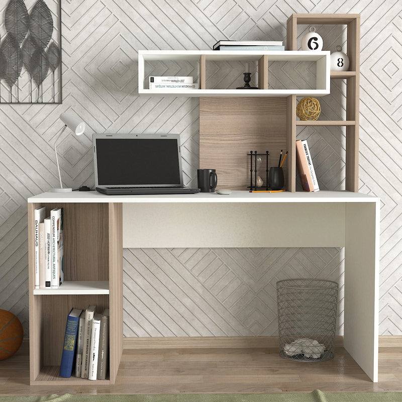 Scrivania da ufficio design moderno con libreria e vani a giorno cm 140x60x154h  -  vari colori