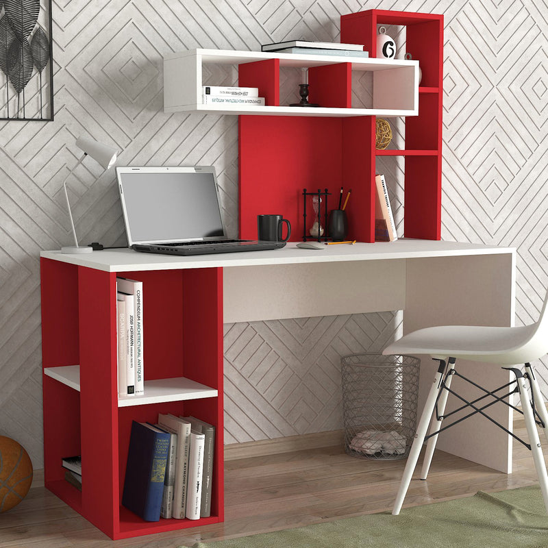 Scrivania da ufficio design moderno con libreria e vani a giorno cm 140x60x154h  -  vari colori