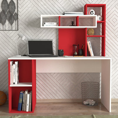 Scrivania da studio moderna con 10 vani a giorno con struttura geometrica in legno, disponibile in 3 colorazioni: rosso opaco e bianco opaco, noce scuro opaco e rovere chiaro opaco 