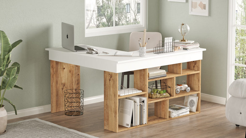Scrivania da ufficio angolare con scaffale stile moderno cm 129x120x72h - vari colori