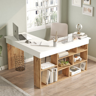 Scrivania da ufficio angolare in stile moderno disponibile in 3 colorazioni con 8 ripiani inferiori
