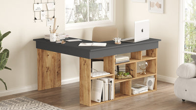Scrivania da ufficio angolare con scaffale stile moderno cm 129x120x72h - vari colori