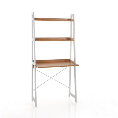 Scrivania moderna con ripiani e scrittoio in legno colore bianco e rovere cm 80x45x170h