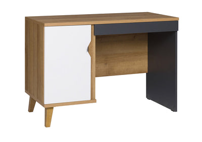 scrivania con cassetto e anta bianco opaco grigio e naturale oak