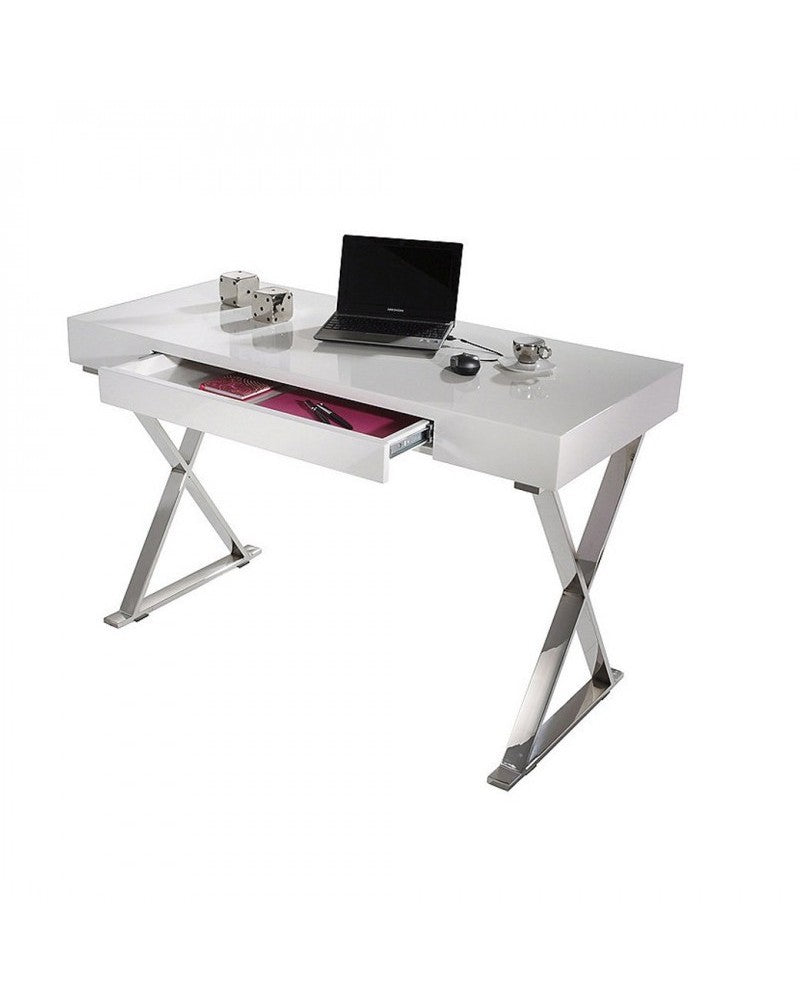 Verban - Scrivania con cassetto moderna in legno e metallo cromato cm 120x55x77h