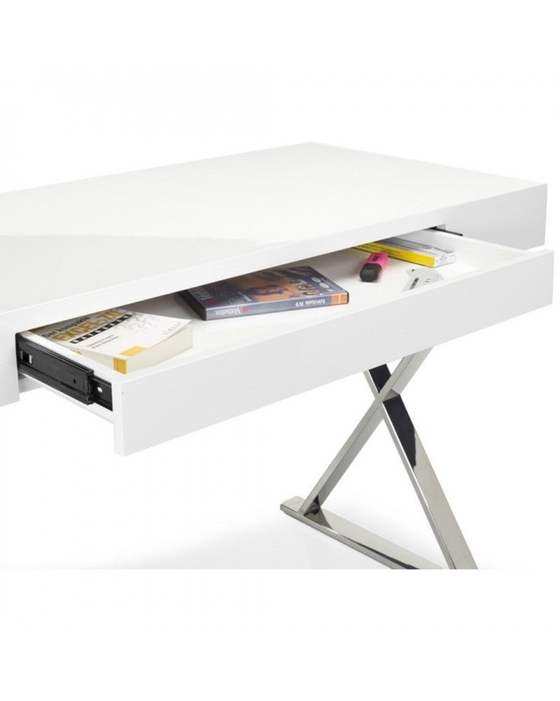 Verban - Scrivania con cassetto moderna in legno e metallo cromato cm 120x55x77h