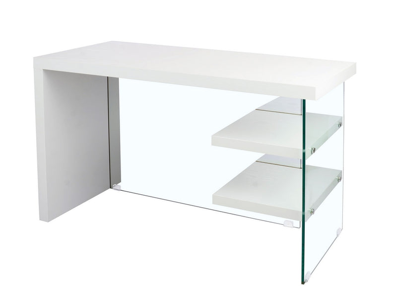 Scrivania design in legno bianco colore bianco e vetro trasparente cm 120x50x76h