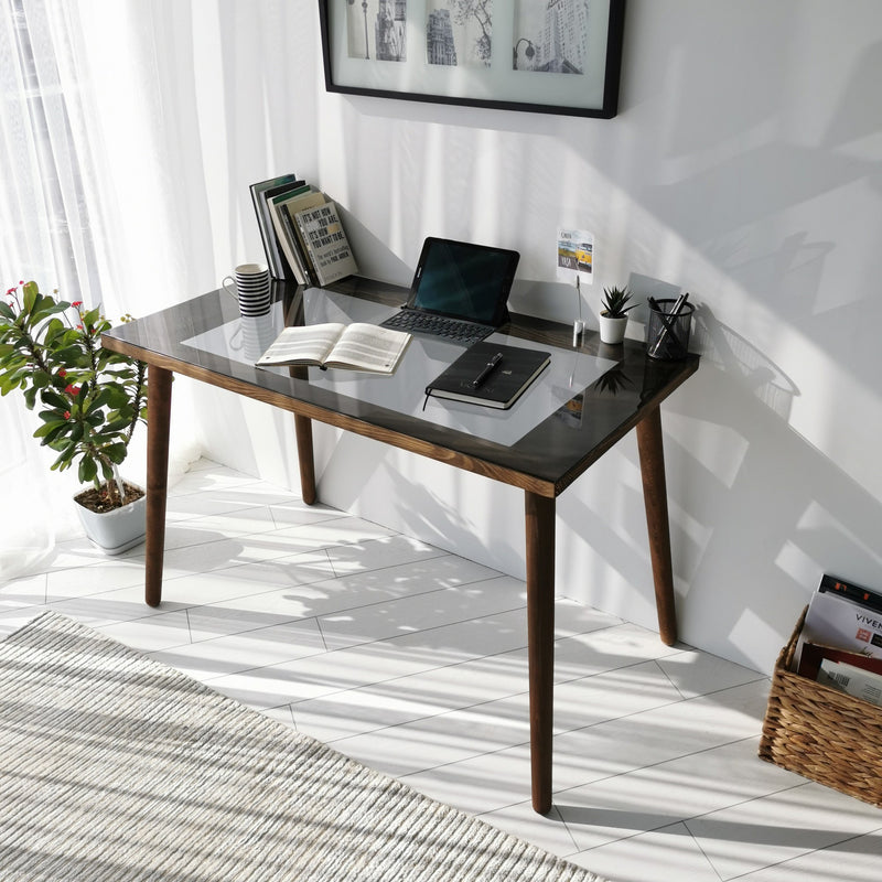 Scrivania in legno massello e faggio vetro fumé design casa e ufficio cm 110x60x73h