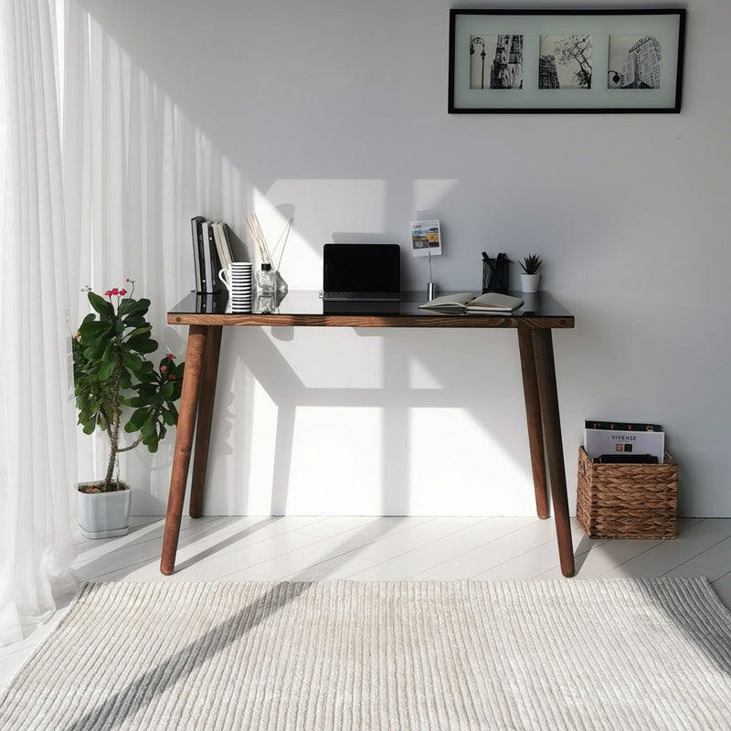 Scrivania in legno massello e faggio vetro fumé design casa e ufficio cm 110x60x73h