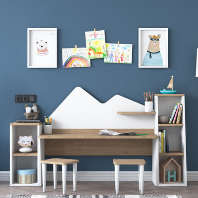 Scrivania design per bambini in legno con 2 librerie e sgabello incluso cm 180x45x94h