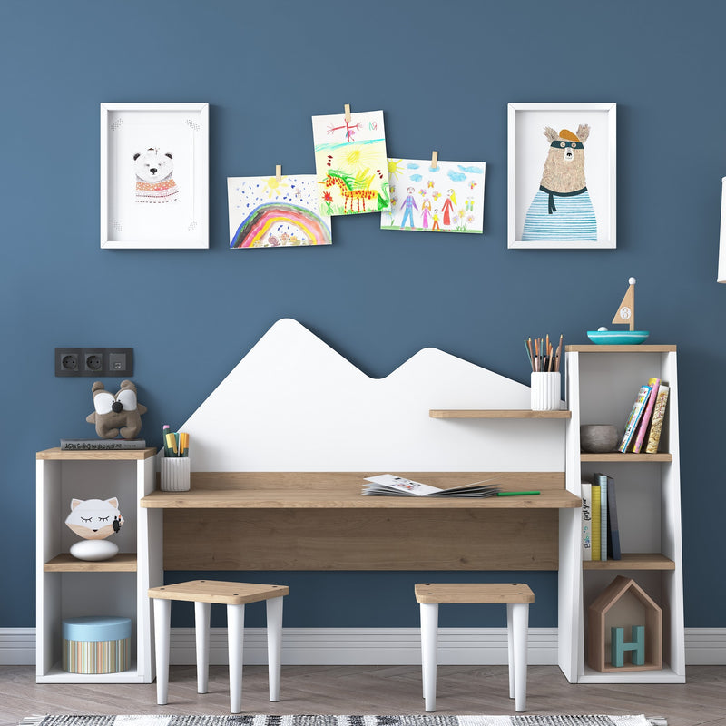 Scrivania design per bambini in legno con 2 librerie e sgabello incluso cm 180x45x94h