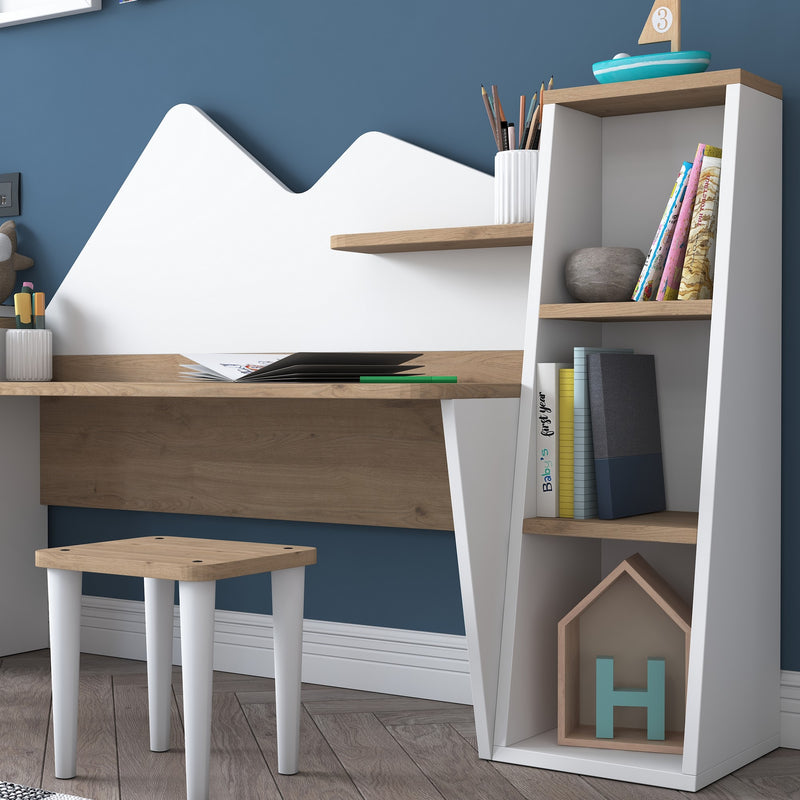 Scrivania design per bambini in legno con 2 librerie e sgabello incluso cm 180x45x94h