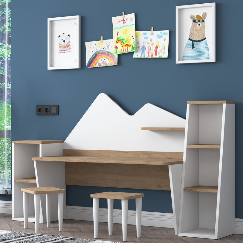 Scrivania design per bambini in legno con 2 librerie e sgabello incluso cm 180x45x94h