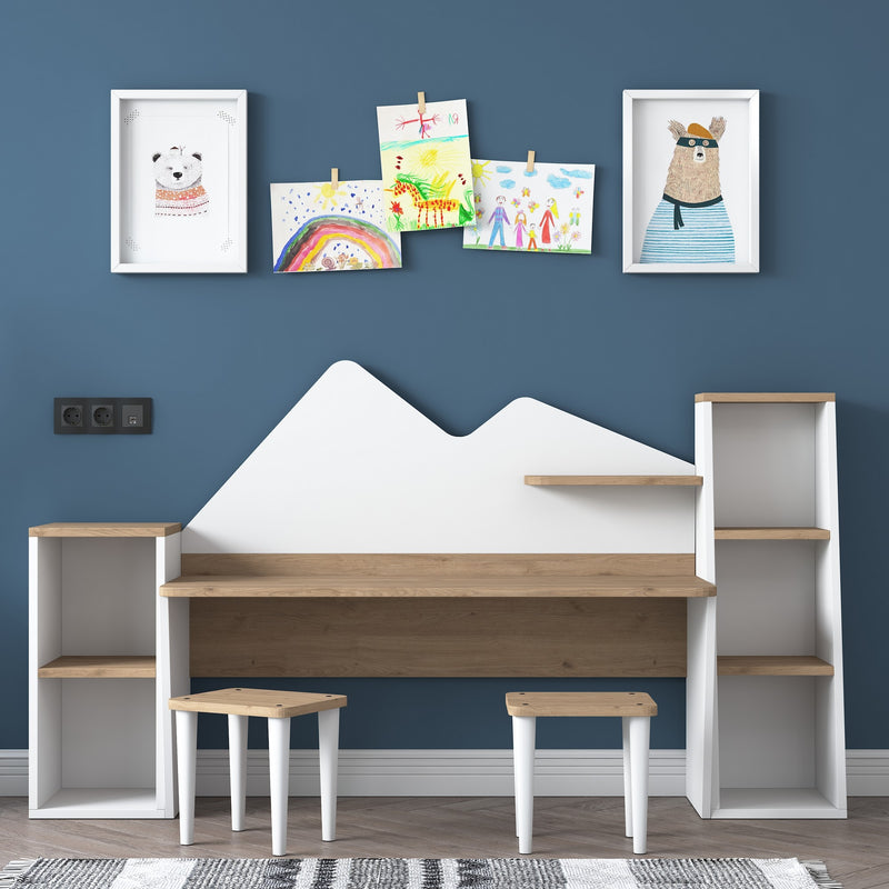 Scrivania design per bambini in legno con 2 librerie e sgabello incluso cm 180x45x94h