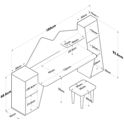 Scrivania design per bambini in legno con 2 librerie e sgabello incluso cm 180x45x94h