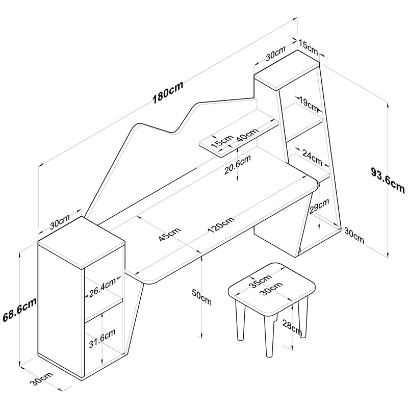 Scrivania design per bambini in legno con 2 librerie e sgabello incluso cm 180x45x94h