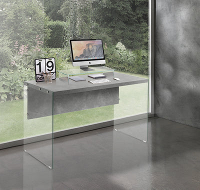 Scrivania design in vetro trasparente piano in legno colore cemento cm 120x56x75h