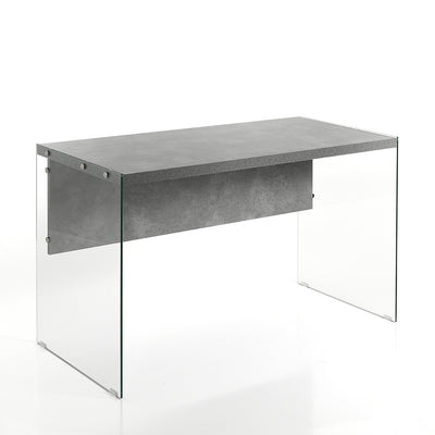 Scrivania design in vetro trasparente piano in legno colore cemento cm 120x56x75h