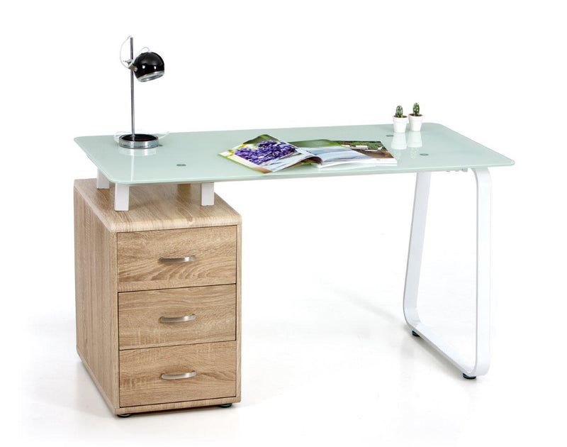 Scrivania moderna piano in vetro bianco con cassettiera in legno colore rovere cm 130x65x75h