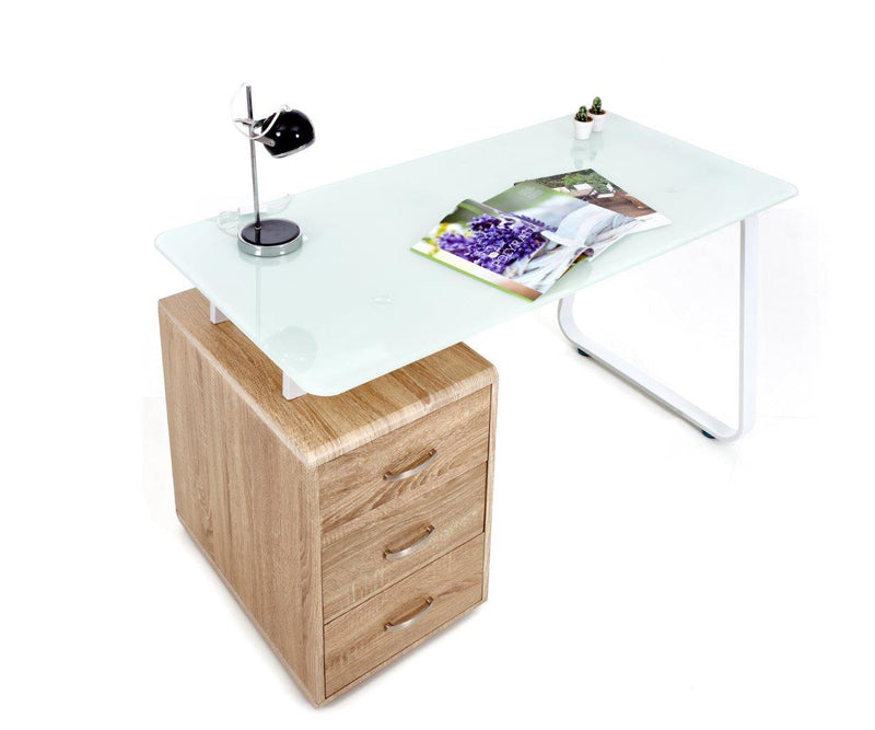 Scrivania moderna piano in vetro bianco con cassettiera in legno colore rovere cm 130x65x75h