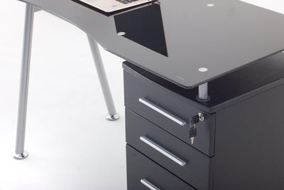 Scrivania con cassettiera gambe in metallo e piano in vetro fumè cm 120x60x75h