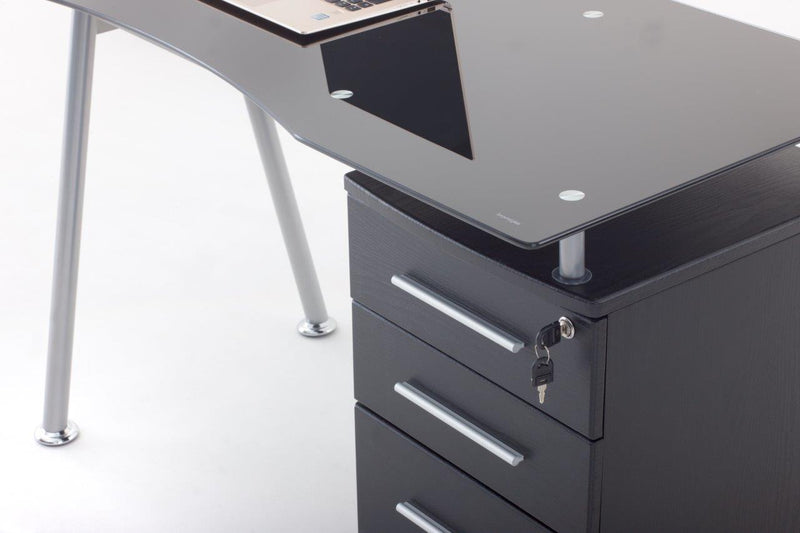 Scrivania con cassettiera gambe in metallo e piano in vetro fumè cm 120x60x75h