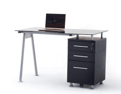 Scrivania con cassettiera gambe in metallo e piano in vetro fumè cm 120x60x75h