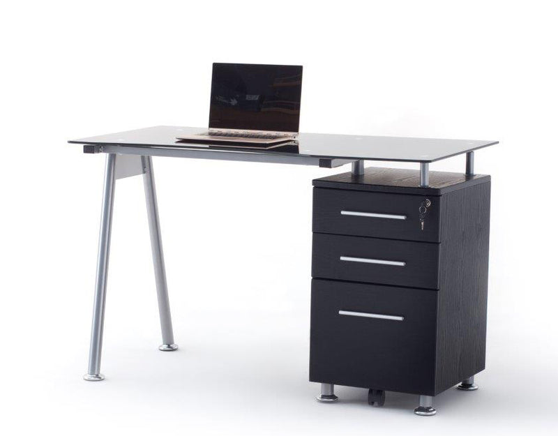 Scrivania con cassettiera gambe in metallo e piano in vetro fumè cm 120x60x75h