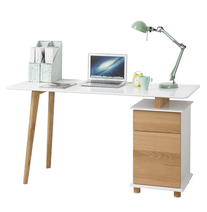 Scrivania porta computer con cassettiera in legno bianco e naturale cm 140x60x76h