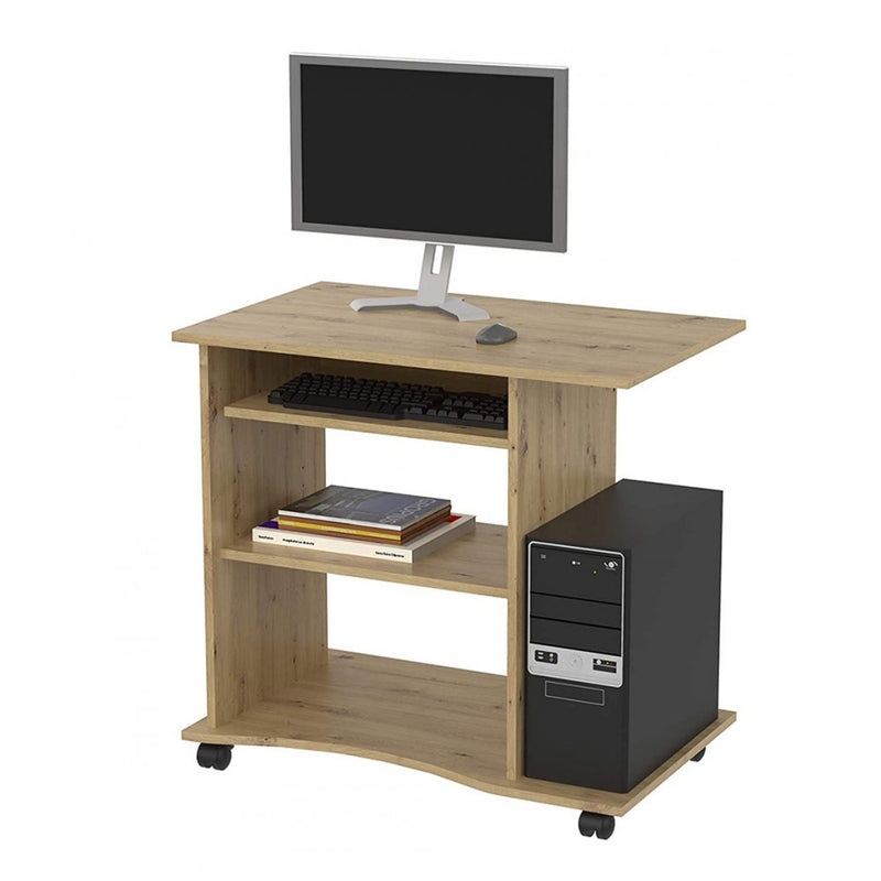 Lauro - Scrivania porta computer con ruote in legno colore quercia cm 80x50x75h