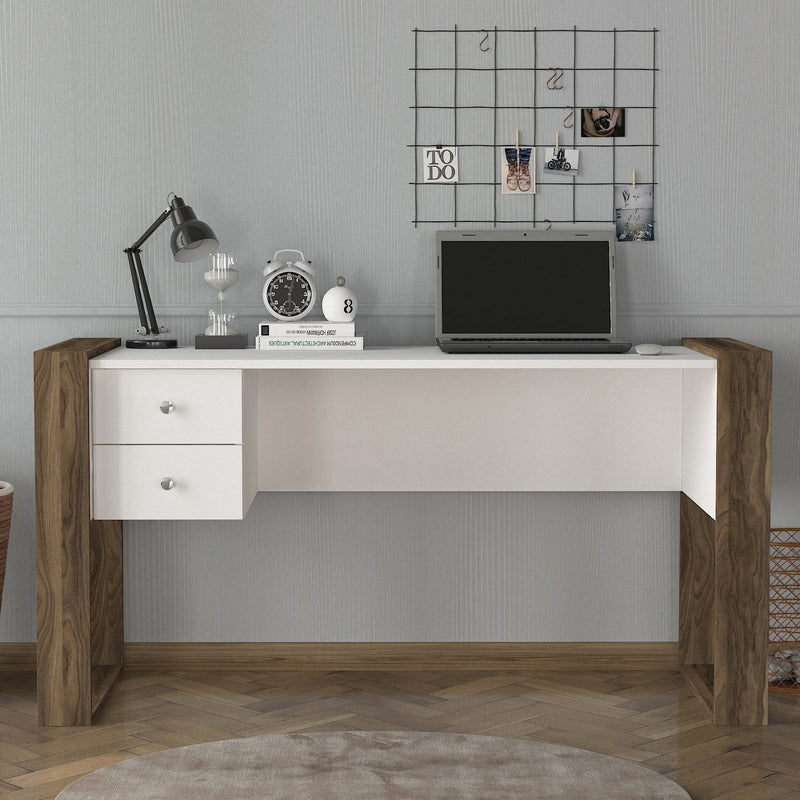 Scrivania da studio ufficio casa in stile moderno in legno con 2 cassetti laterali, colori: bianco opaco e noce scuro opaco. Dimensioni cm 158x60x72h