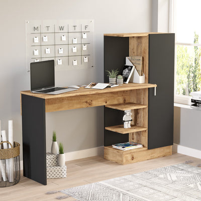 Scrivania da ufficio stile moderno con un'anta a destra e tre vani a giorno. Disponibile in 2 colorazioni: nero opaco e pino atlantico e bianco opaco e pino atlantico