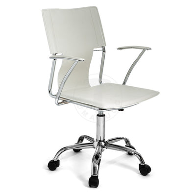 sedia da ufficio con braccioli in similpelle bianco e base in metallo cromato