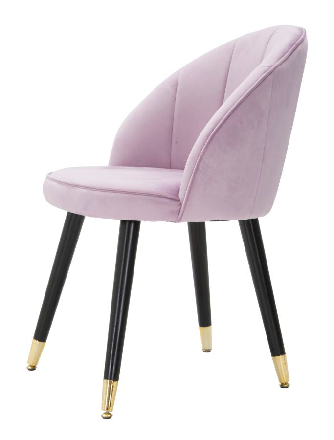 sedia design in velluto colore rosa gambe in legno colore nero