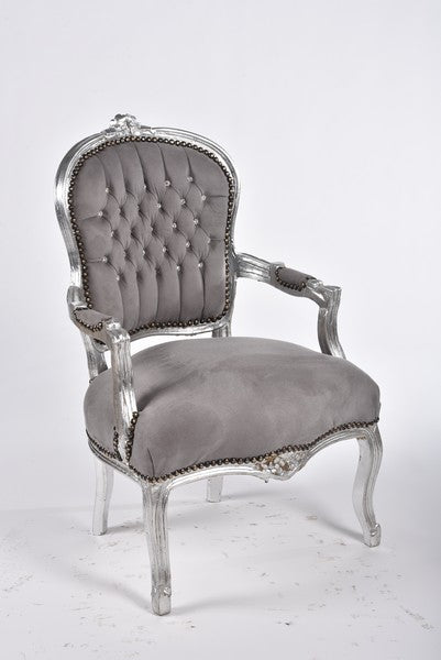 Poltroncina barocco da salotto o ingresso in legno e tessuto colore grigio cm 63x65x94h