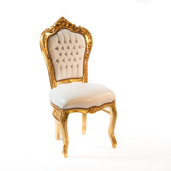 Sedia barocco da salotto in legno color oro ecopelle di colore bianco cm 52x60x110h