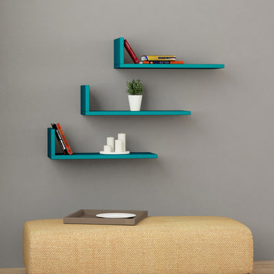 Set da 3 mensole da parete per soggiorno o ufficio in stile moderno in legno, disponibile in petrolio opaco, ciliegia opaco, antracite opaco e bianco opaco. Dimensioni cm 50x20x14h