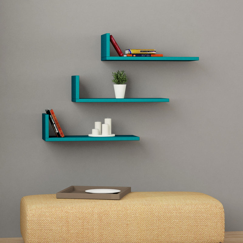 Set da 3 mensole da parete per soggiorno o ufficio in stile moderno in legno, disponibile in petrolio opaco, ciliegia opaco, antracite opaco e bianco opaco. Dimensioni cm 50x20x14h