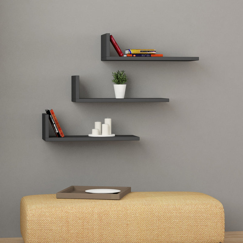 Set da 3 mensole da parete design moderno in legno cm 50x20x14h - vari colori