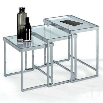 Set da 3 tavolino basso da salotto in acciaio cromato e piano in vetro temperato trasparente