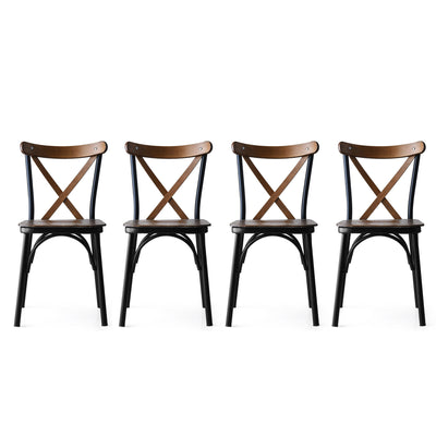 Set 4 sedie stile moderno e industrial, struttura in metallo nero opaco, seduta e schienale in legno color noce opaco dai toni caldi. Dimensioni singola sedia cm 42x41x84h